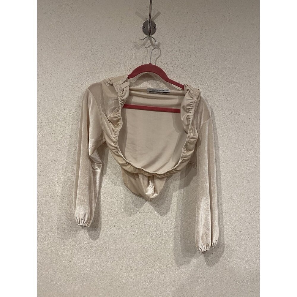 Sculptor Hooded Cardigan Womens Medium Beige Velvet Ruffle Long Sleeve Shirt
